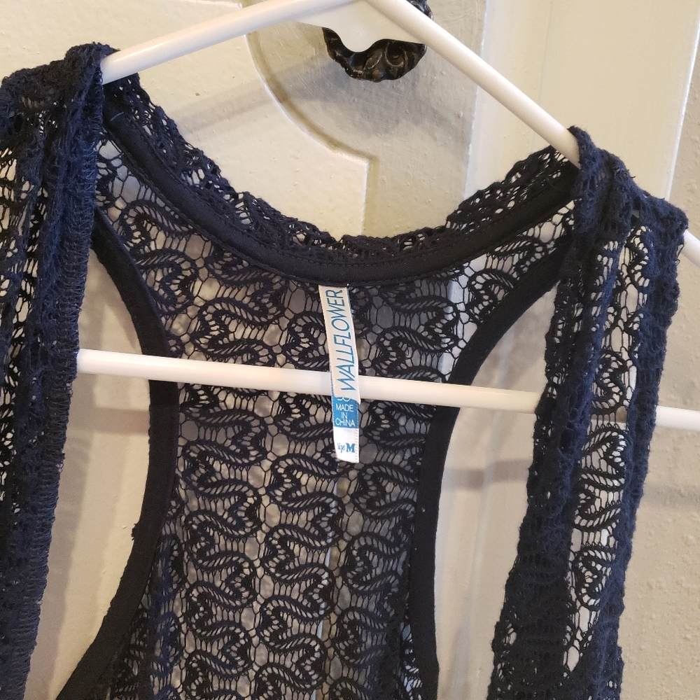 Wallflower knit lace detail, fringe bottom navy long vest shrug, shawl - Picture 3 of 6